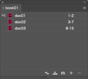 InDesignのブックを開いたパネル