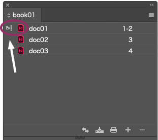 InDesignのブックパネル。先頭のdoc01にスタイルソースが設定されている