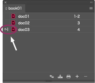 InDesignのブックパネル。最後のdoc03にスタイルソースが設定されている