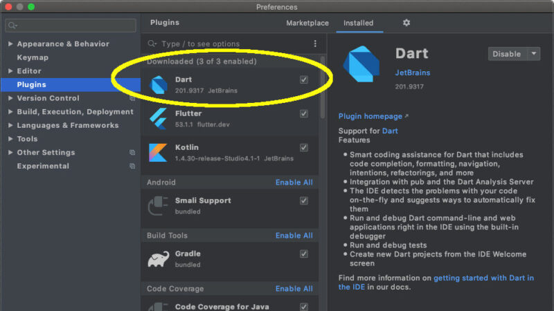 AndroidStudioのプラグイン画面に表示されているDart