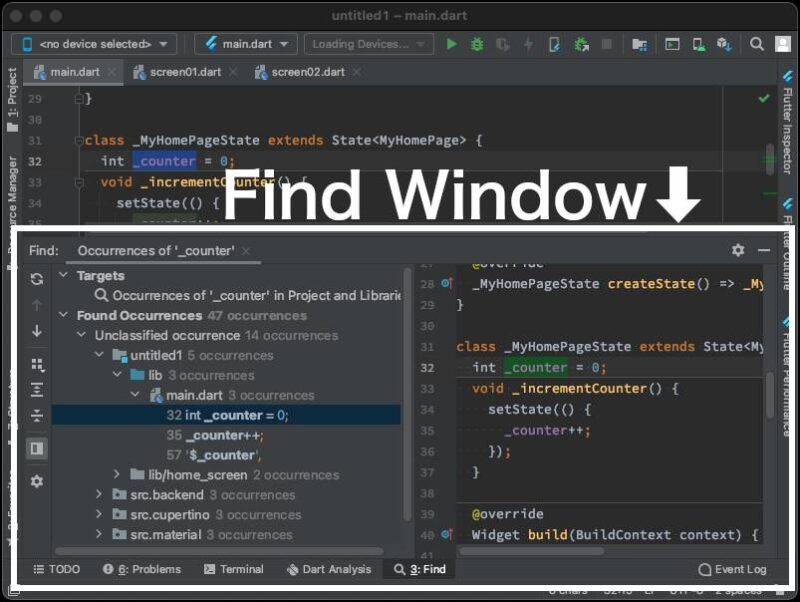 Android Studio：Find Windowで検索結果を表示する