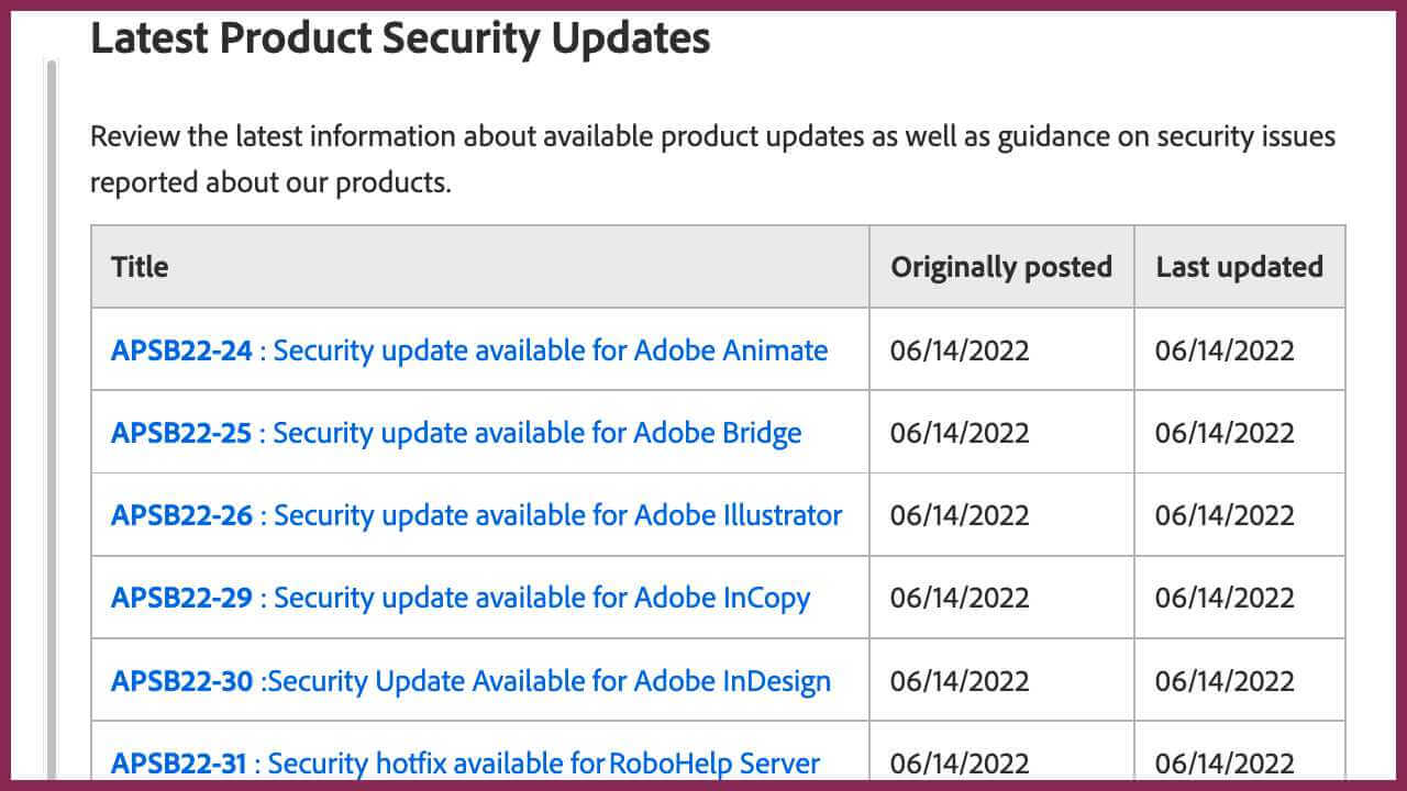 Adobeセキュリティアップデート速報のサイト