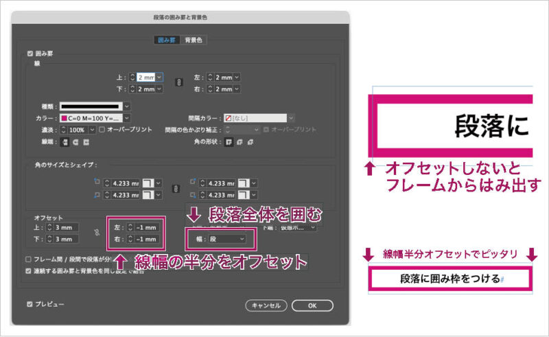 InDesign：「段落の囲み罫と背景色」で囲み範囲を「段」か「テキスト」かを選ぶ