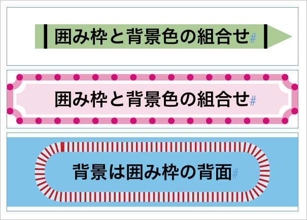 InDesign「段落の囲み罫と背景色」：囲み罫と背景色を同時に設定した例。 背景は囲み系の背面に描かれ、重ね順は変更できない。