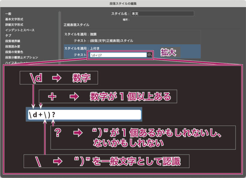 InDesign:正規表現スタイルの設定で「\d+)?」と入力