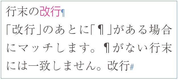 InDesignの正規表現検索で「改行\r」の検索結果で「改行（改行文字）」がマッチしている例