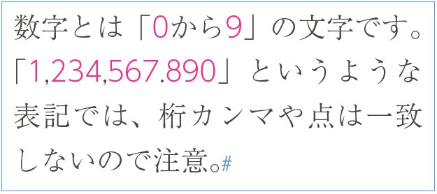 InDesignの正規表現検索で「\d」の検索結果で、数字がマッチしている例