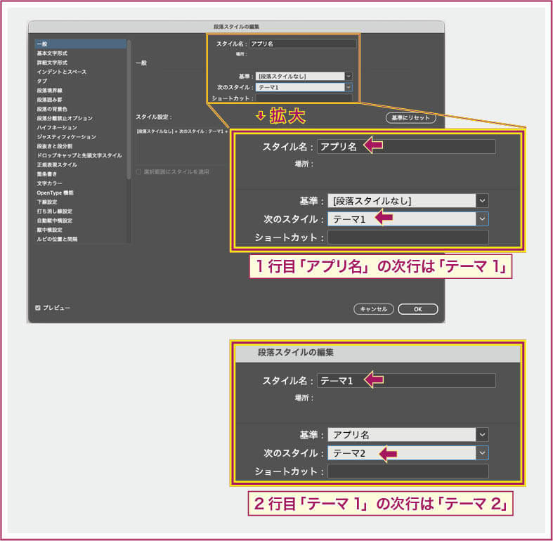 【InDesign】段落スタイル「アプリ名」の設定パネルで、「次のスタイル」に「テーマ1」に設定。
「テーマ1」の設定パネルでは、「次のスタイル」に「テーマ2」を設定する。