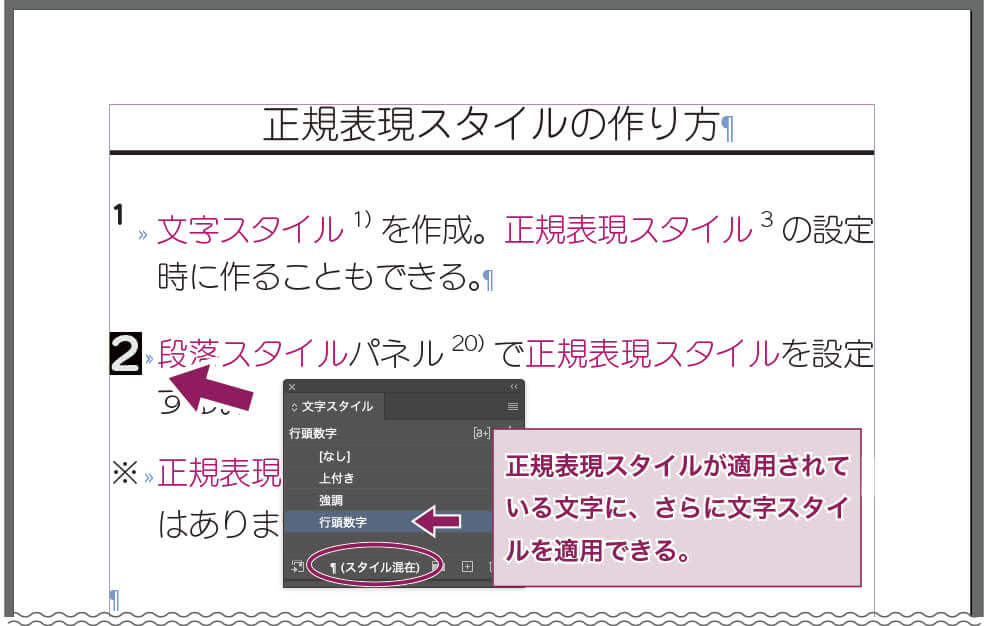 InDesign：正規表現スタイルが適用されている文字に、さらに手作業で、文字スタイルを適用している例。 文字スタイルパネルには「スタイル混在」と表示される。