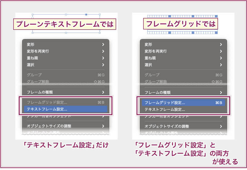 【InDesign】各テキスト枠で使える設定ダイアログの違い