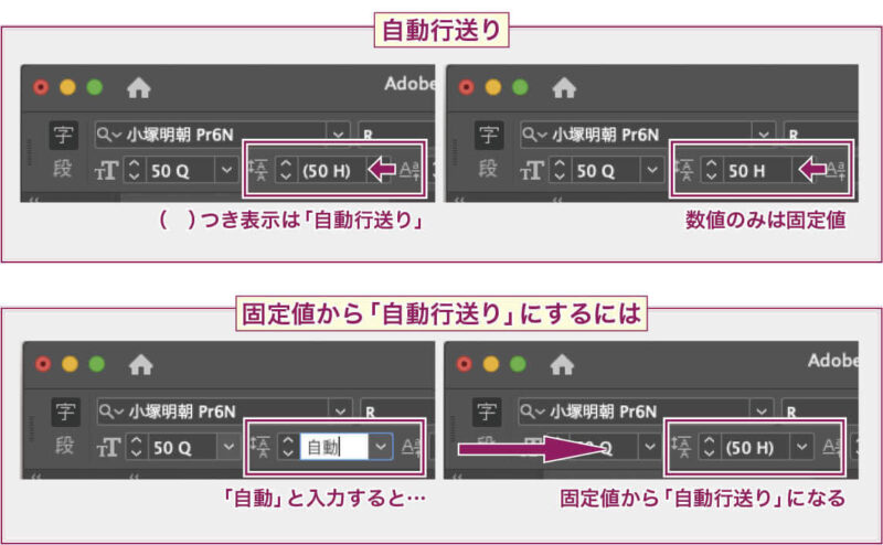 【InDesign】行送りが「自動行送り」か固定値かどうかの見分け方。 固定値から「自動行送り」にするには「自動」と入力してリターンキーを押す