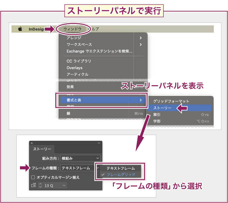 【InDesign】プレーンテキストフレーム とフレームグリッドをストーリーパネルで変換する方法