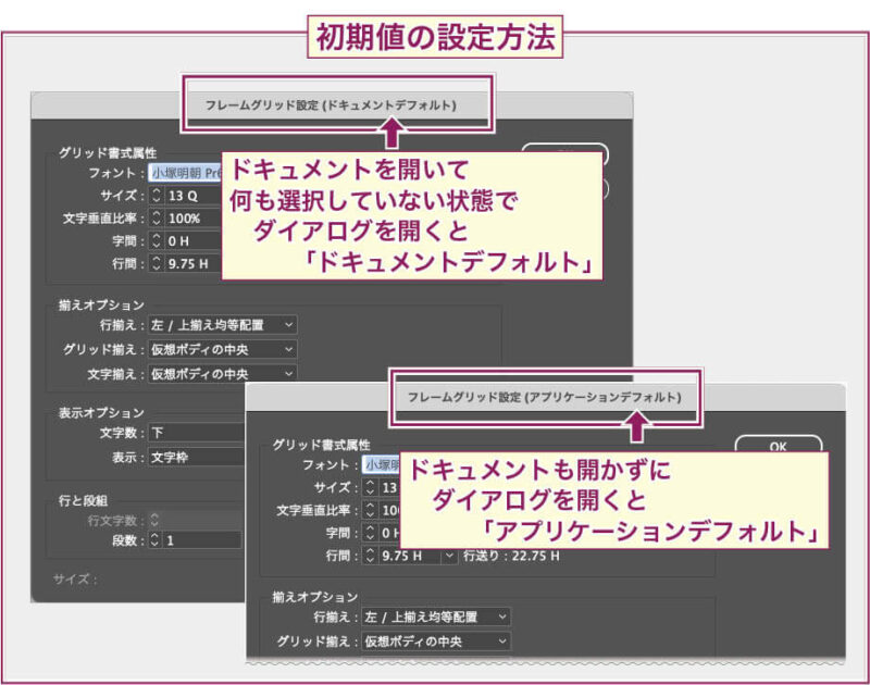 【InDesign】書式設定で値を入力する際、ドキュメントを何も開かずに設定すると「アプリケーションデフォルト」になり、ドキュメントを開いてオブジェクトを何も選択せずに設定すると「ドキュメントデフォルト」として設定されるダイアログ名称の例