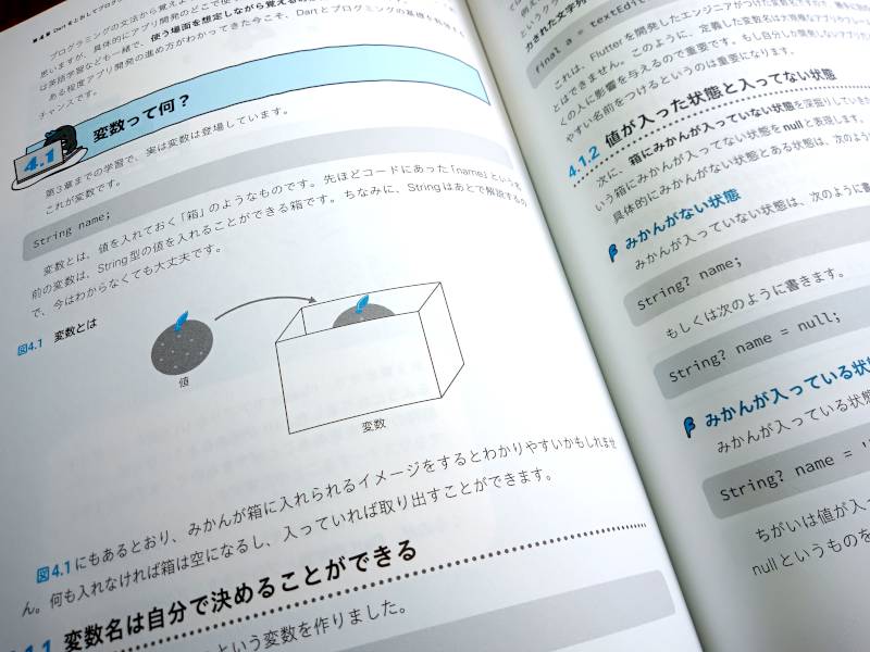 「ゼロから学ぶFlutterアプリ開発」：Dartをとおしてプログラミングの基礎を習得する章の1ページ「変数」