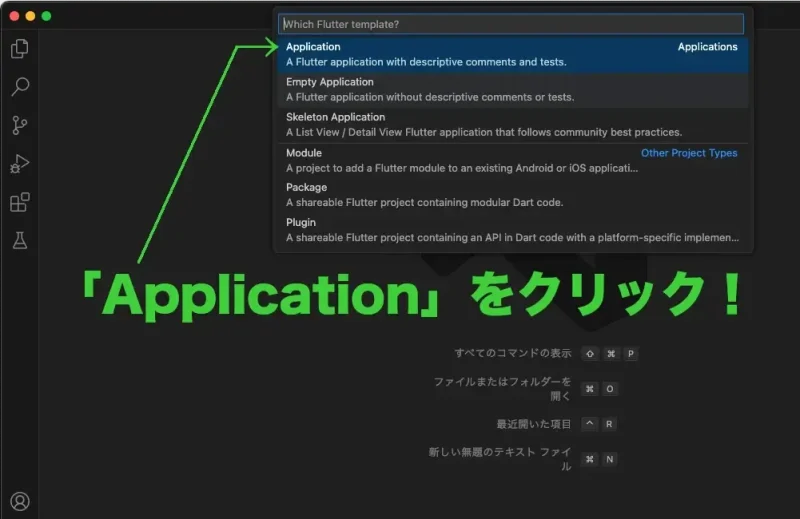 VSCodeのFlutterプロジェクトの作成：
コマンドパレットの「Flutter: New Project」で「Application」を選択する