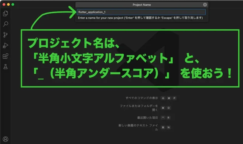 VSCodeのFlutterプロジェクトの作成： プロジェクト名を入力する。 使用文字は「半角小文字のアルファベット」と「半角アンダースコア」を使う